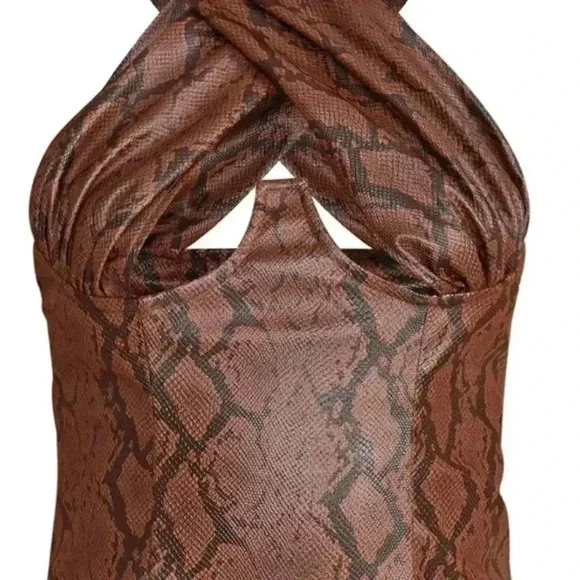 Pretty little Thing Brown Snake Pu Cross Front Underbust Halterneck Top. Nwt - Picture 2 of 5